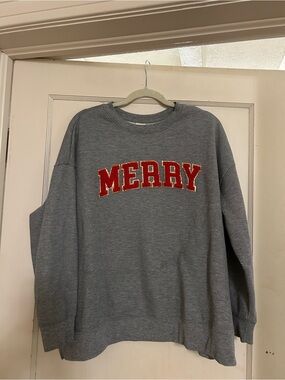 Terra & Sky Gray Crewneck Sweatshirt with Red "MERRY" Appliqué